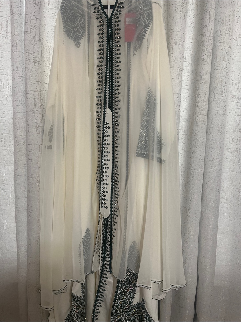 Ivory  Embroidered Maxi Dress with dark green Trim